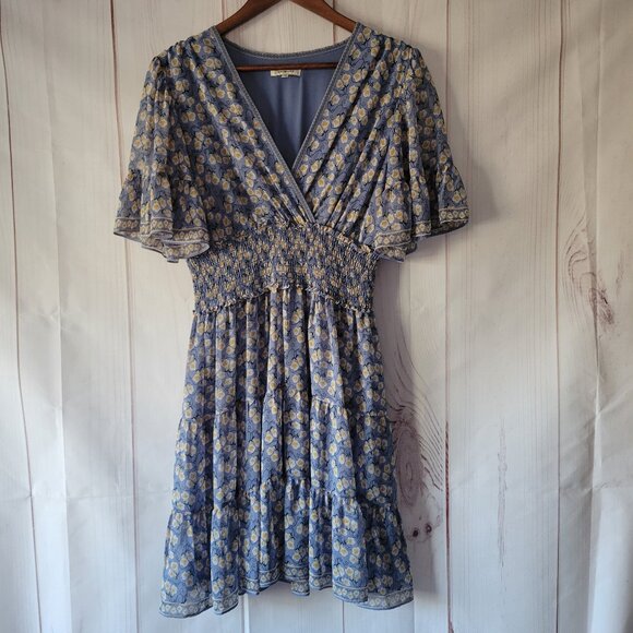 Max Studio V-Neck Babydoll Midi Dress, M, Light Blue Floral, Bell Short Sleeve - Picture 1 of 9